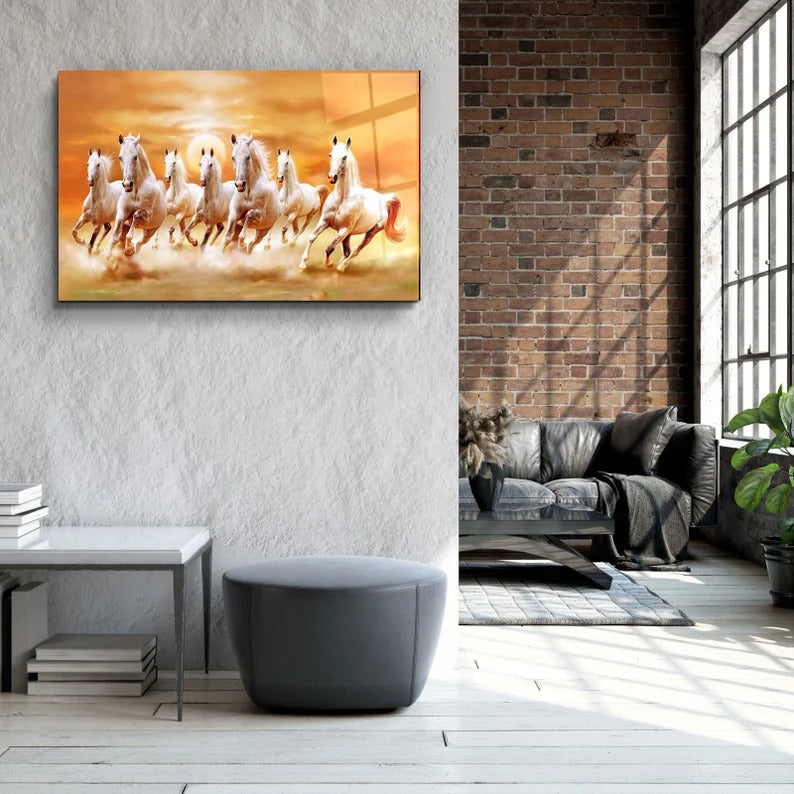 Lucky 7 Running Horses Glass Printing Wall Art - Tempered Glass Wall Art-Home Decoration-Interior Design Ideas-Perfect Gift For Your Lovers