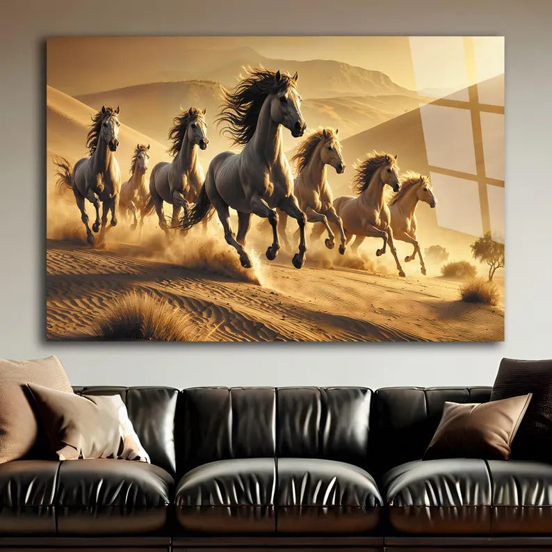Lucky 7 Running Horses Glass Printing Wall Art - Tempered Glass Wall Art-Home Decoration-Interior Design Ideas-Perfect Gift For Your Lovers