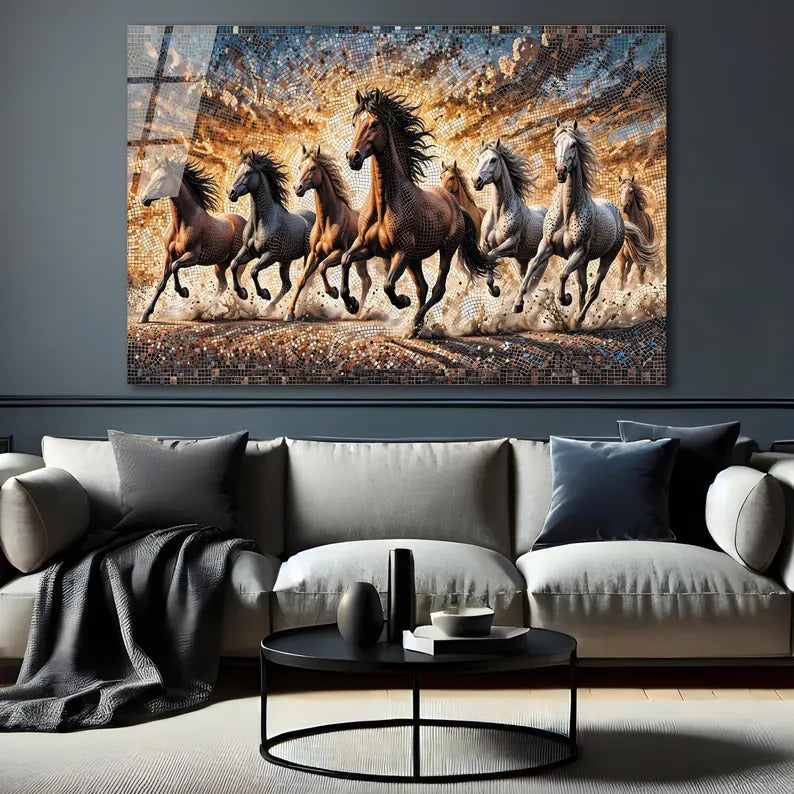 Lucky 7 Running Horses Glass Printing Wall Art - Tempered Glass Wall Art-Home Decoration-Interior Design Ideas-Perfect Gift For Your Lovers