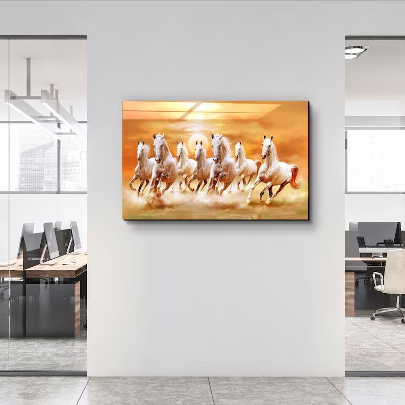 Lucky 7 Running Horses Glass Printing Wall Art - Tempered Glass Wall Art-Home Decoration-Interior Design Ideas-Perfect Gift For Your Lovers
