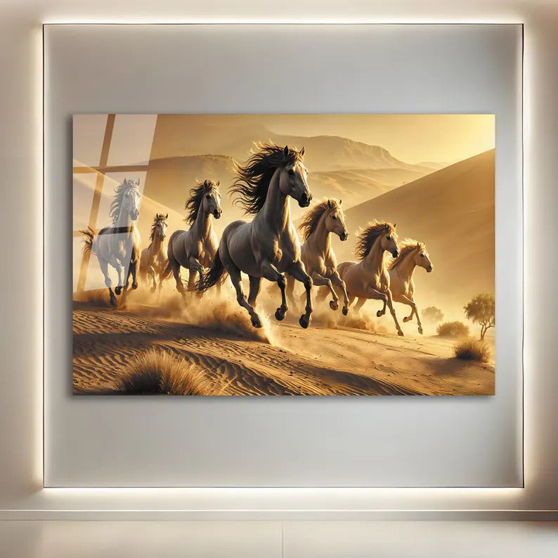 Lucky 7 Running Horses Glass Printing Wall Art - Tempered Glass Wall Art-Home Decoration-Interior Design Ideas-Perfect Gift For Your Lovers